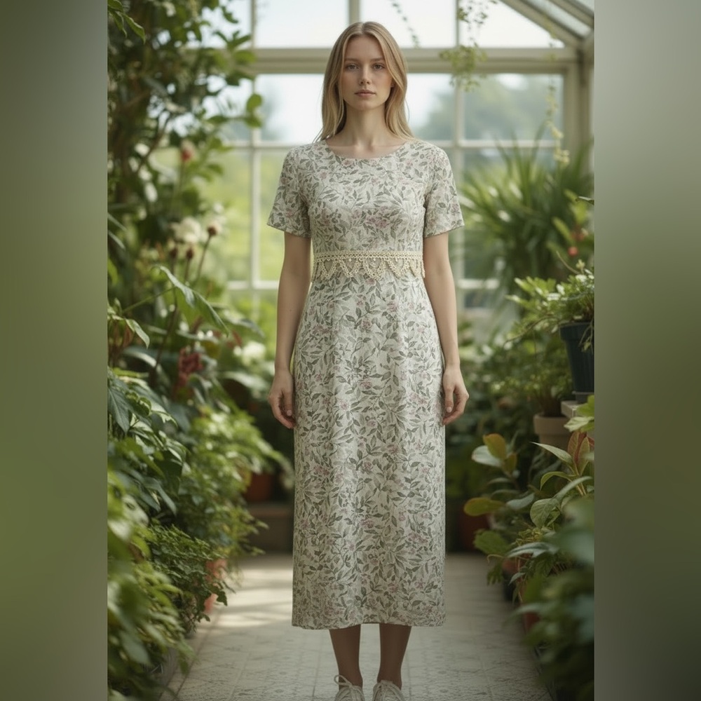 Vintage All that Jazz Leafy Green and Pink Rose Floral Midi Dress